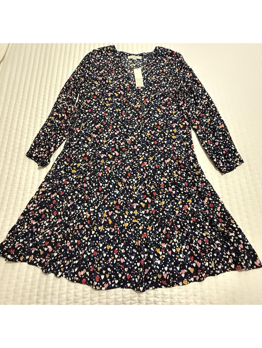 Loft Maternity M Medium Multi Color Heart Tiered Blue Swing Dress NWT Rayon